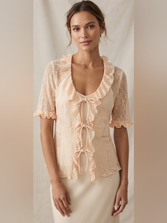 A la Une Tops - À La Une Pastel Pink Lace Ruffle Tie Front Coquette Cardigan Top Medium